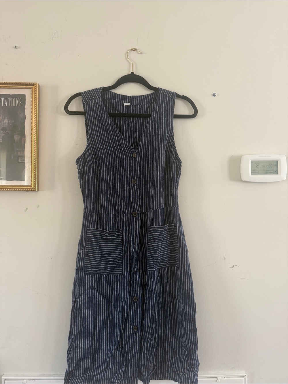 Old Navy Navy and White Striped Midi Button Dress